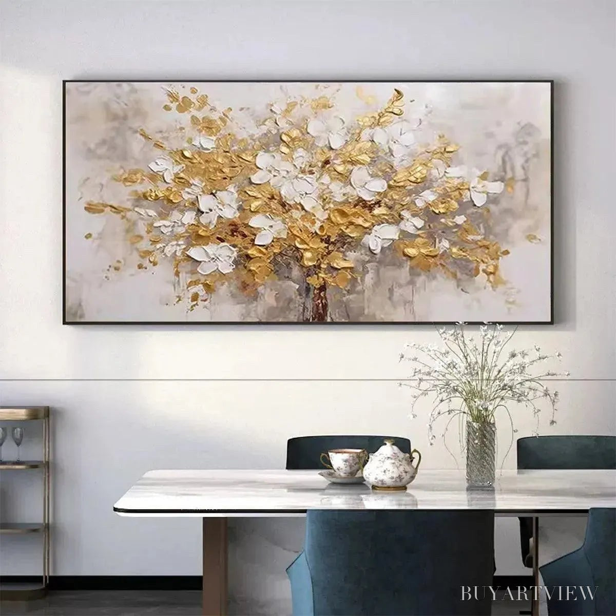 BUYARTVIEW Golden Garden – Textured White and Gold Floral Impasto Painting - image 4