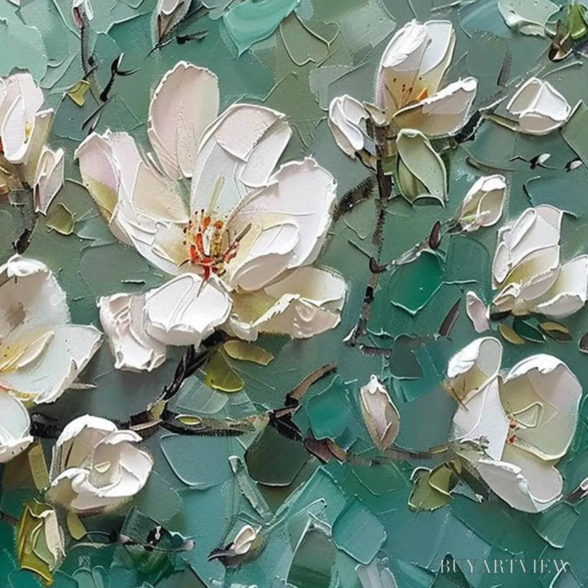 BUYARTVIEW Jade Magnolias – White Magnolia Impasto Painting - image 4