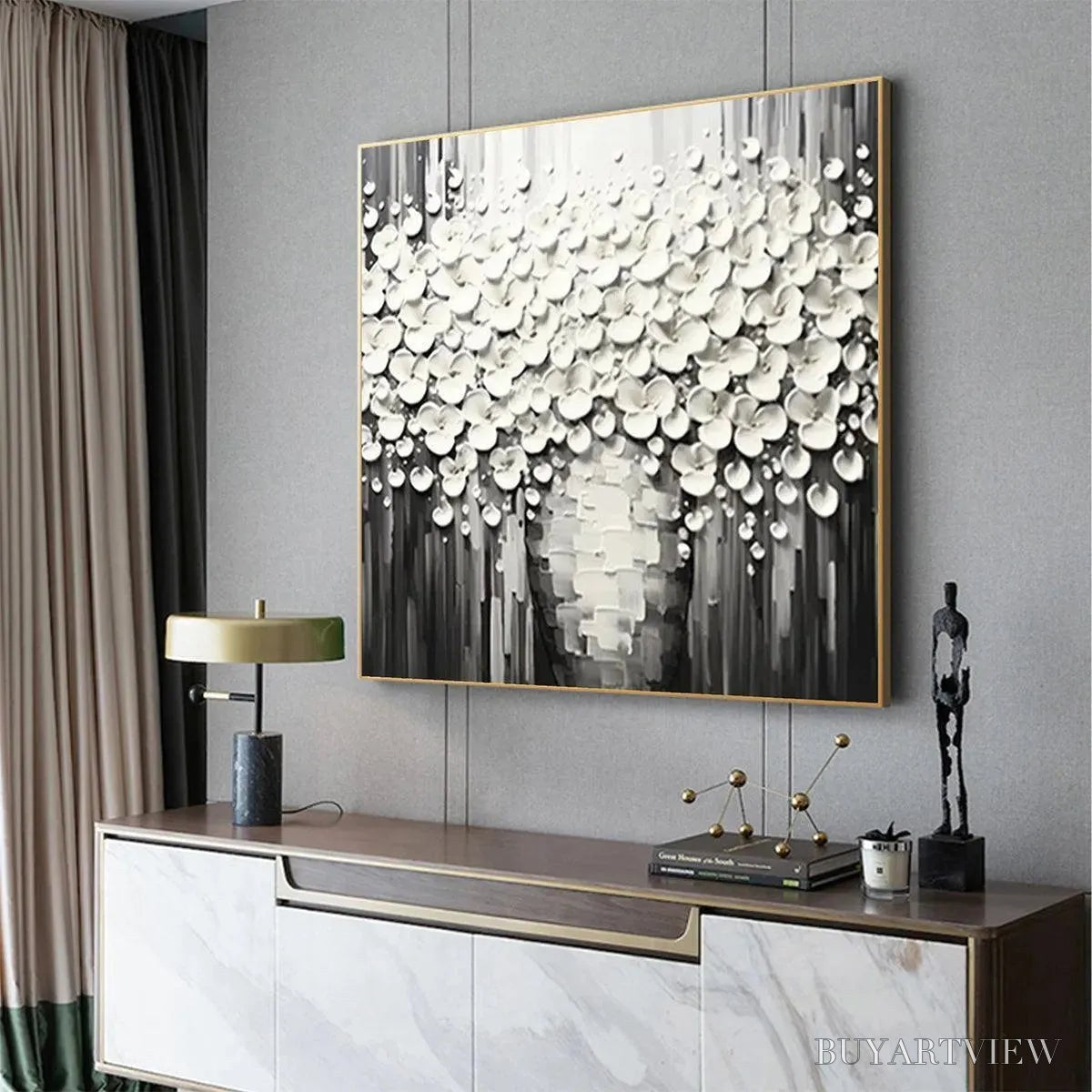 BUYARTVIEW White Bouquet – Textured White Floral Painting on Grey Background - image 6