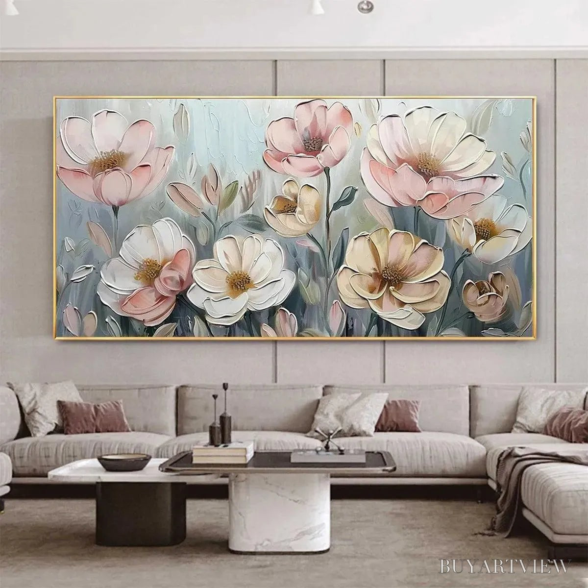 BUYARTVIEW Soft Blossoms – Textured Impasto Floral Painting in Soft Pink and White - image 2
