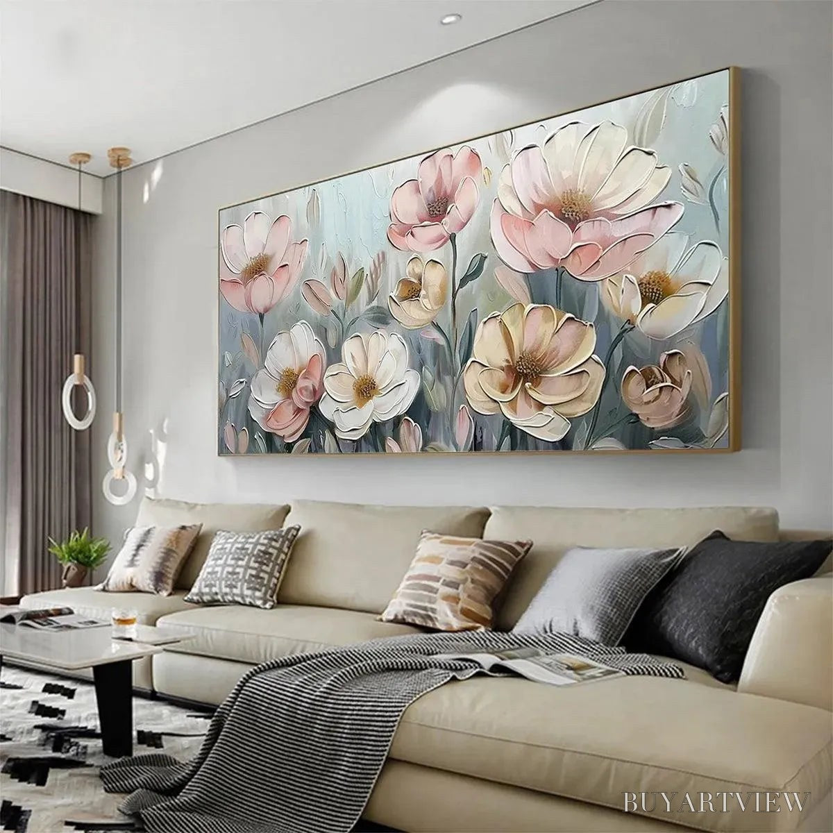 BUYARTVIEW Soft Blossoms – Textured Impasto Floral Painting in Soft Pink and White - image 4