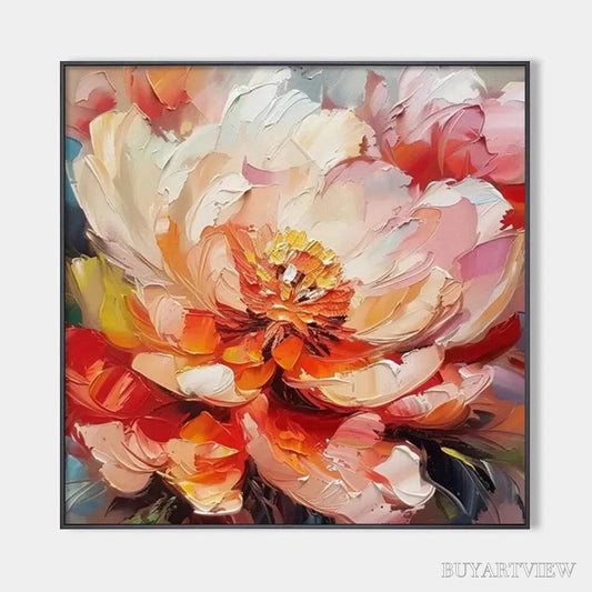BUYARTVIEW Blooming Peony – Textured Impasto Peony Painting in Pink and Orange - image 1