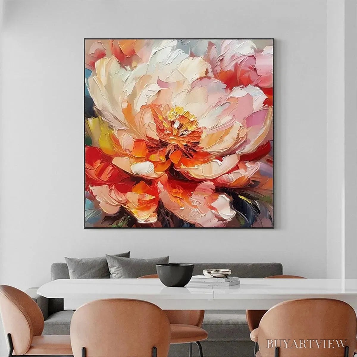 BUYARTVIEW Blooming Peony – Textured Impasto Peony Painting in Pink and Orange - image 2