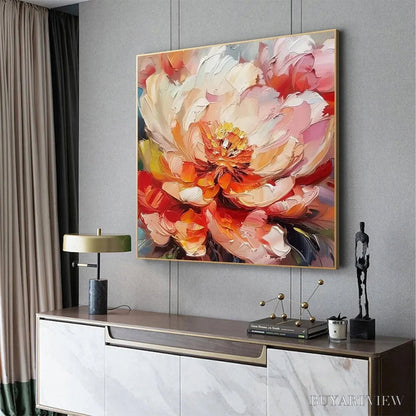 BUYARTVIEW Blooming Peony – Textured Impasto Peony Painting in Pink and Orange - image 6