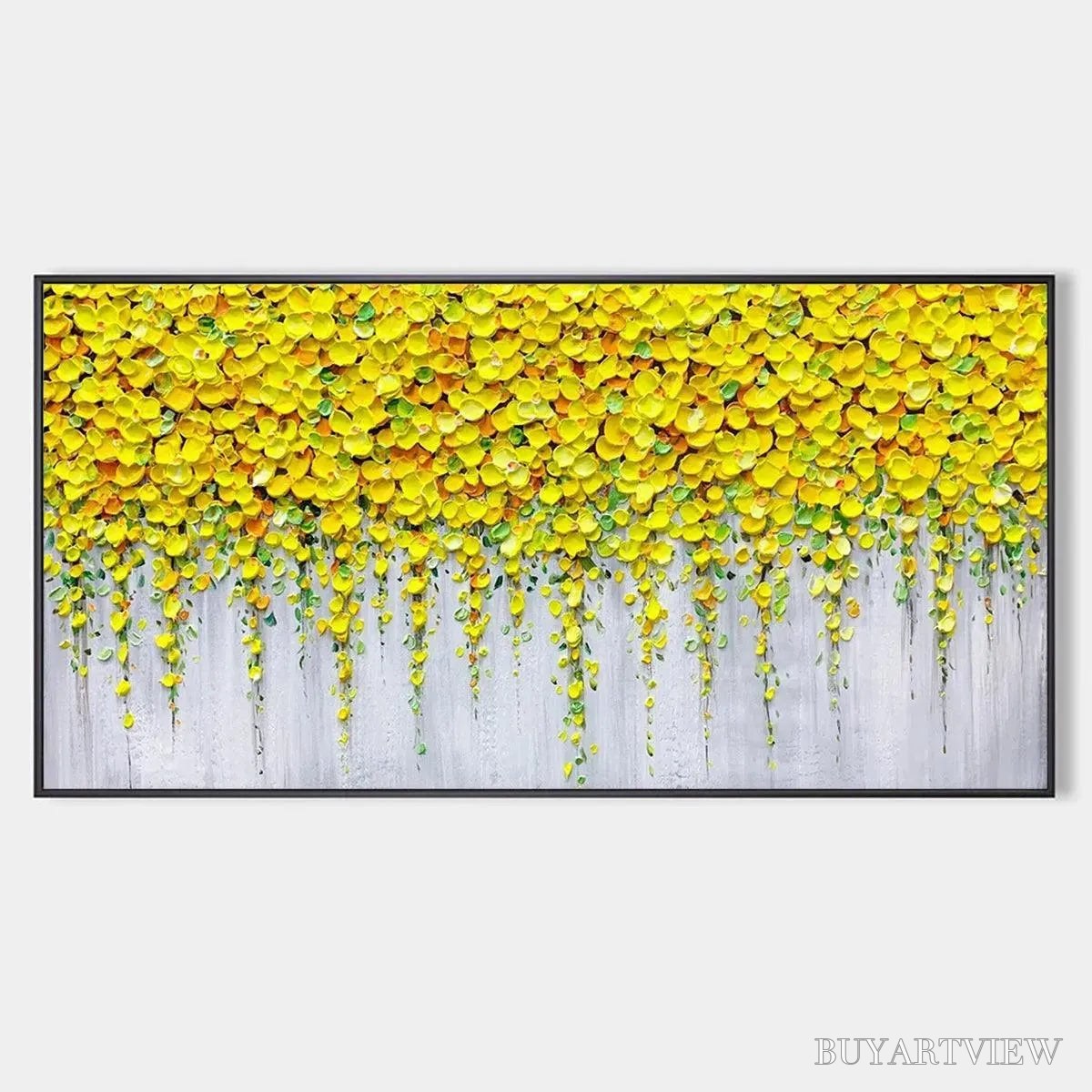 BUYARTVIEW Golden Cascade – Textured Yellow Floral Painting on Grey Background - image 1