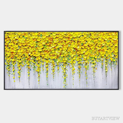 BUYARTVIEW Golden Cascade – Textured Yellow Floral Painting on Grey Background - image 1