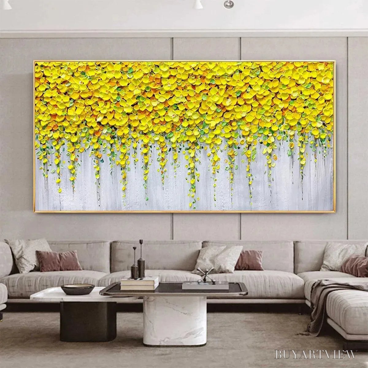 BUYARTVIEW Golden Cascade – Textured Yellow Floral Painting on Grey Background - image 2