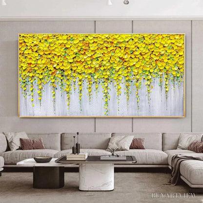 BUYARTVIEW Golden Cascade – Textured Yellow Floral Painting on Grey Background - image 2