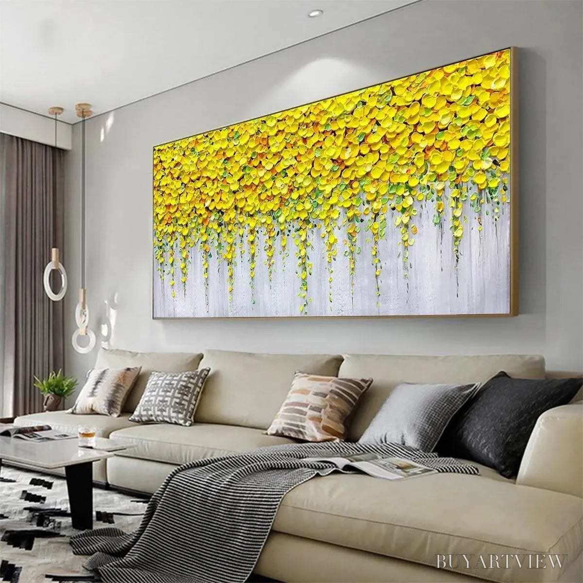 BUYARTVIEW Golden Cascade – Textured Yellow Floral Painting on Grey Background - image 4