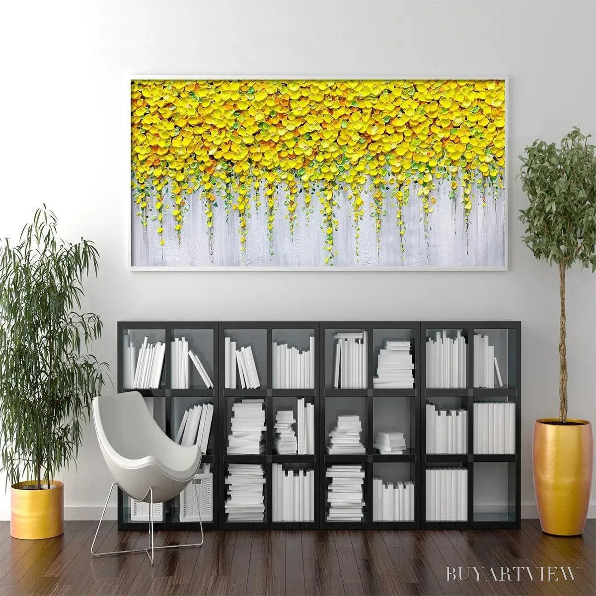 BUYARTVIEW Golden Cascade – Textured Yellow Floral Painting on Grey Background - image 6