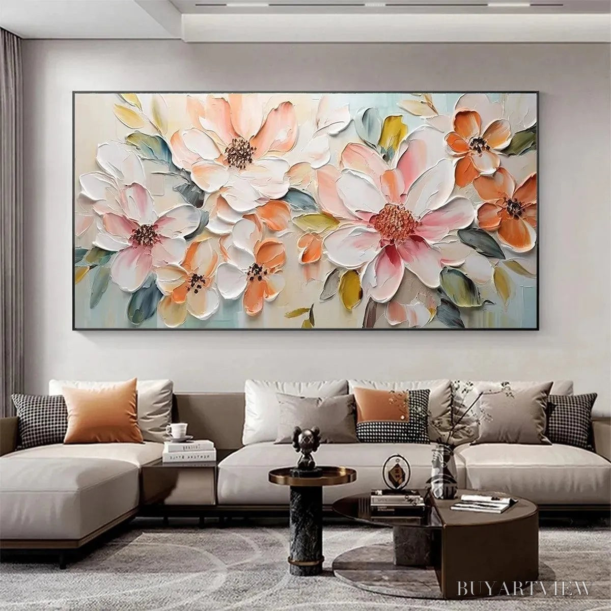 BUYARTVIEW Peach Blossom – Textured Impasto Floral Painting in Peach and White - image 5
