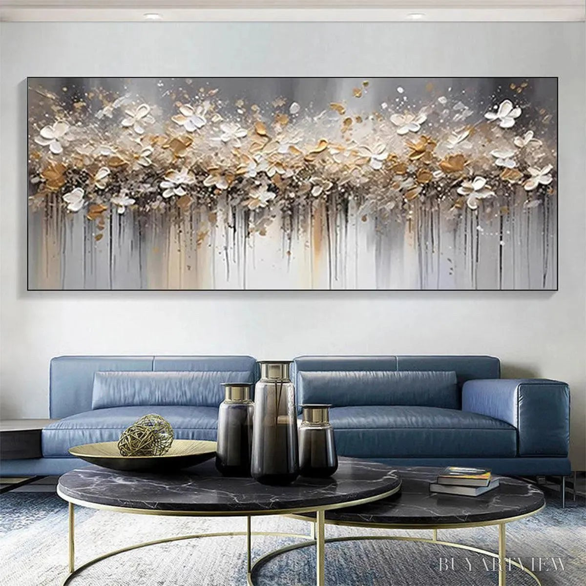BUYARTVIEW Golden Drift – White and Gold Floral Abstract Painting - image 2