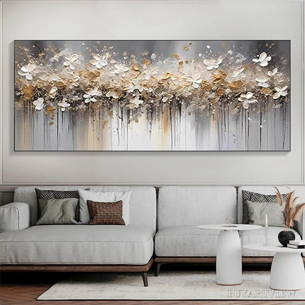 BUYARTVIEW Golden Drift – White and Gold Floral Abstract Painting - image 4
