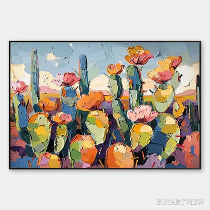 BUYARTVIEW Desert Bloom – Textured Cactus Painting, Impasto , Horizontal Canvas, Desert Decor - image 1