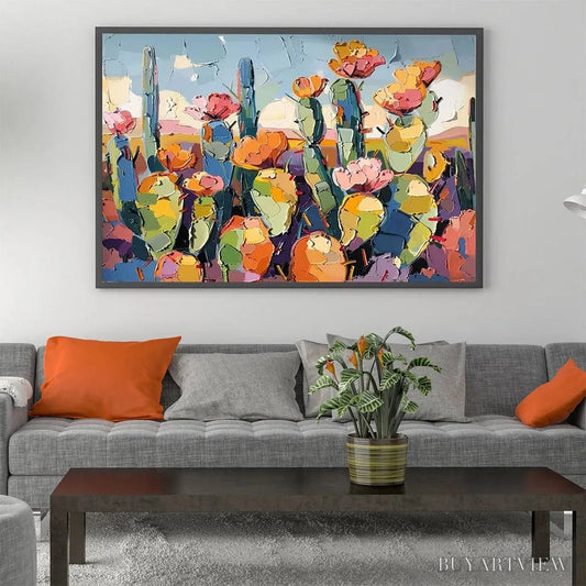 BUYARTVIEW Desert Bloom – Textured Cactus Painting, Impasto , Horizontal Canvas, Desert Decor - image 2