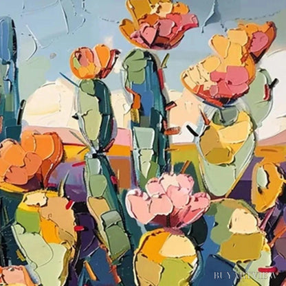 BUYARTVIEW Desert Bloom – Textured Cactus Painting, Impasto , Horizontal Canvas, Desert Decor - image 3