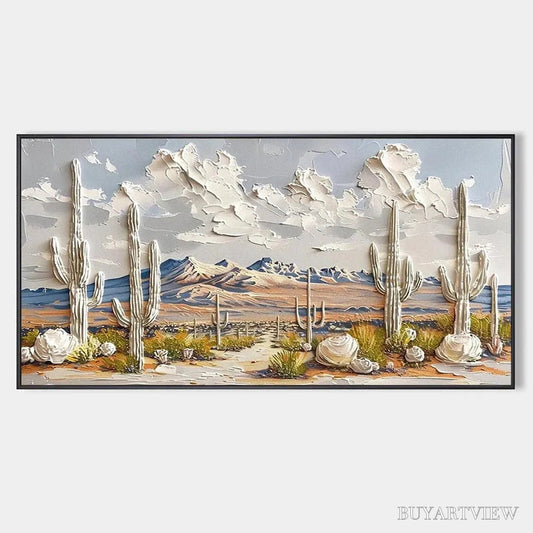 BUYARTVIEW Desert Dream – Textured Desert Landscape Painting, Impasto , Horizontal Canvas, Cactus Decor - image 1