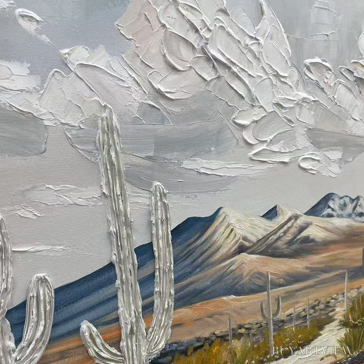 BUYARTVIEW Desert Dream – Textured Desert Landscape Painting, Impasto , Horizontal Canvas, Cactus Decor - image 3