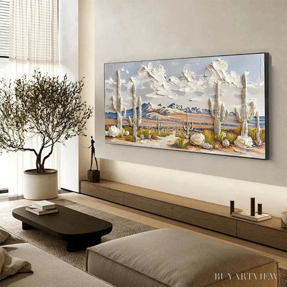 BUYARTVIEW Desert Dream – Textured Desert Landscape Painting, Impasto , Horizontal Canvas, Cactus Decor - image 5