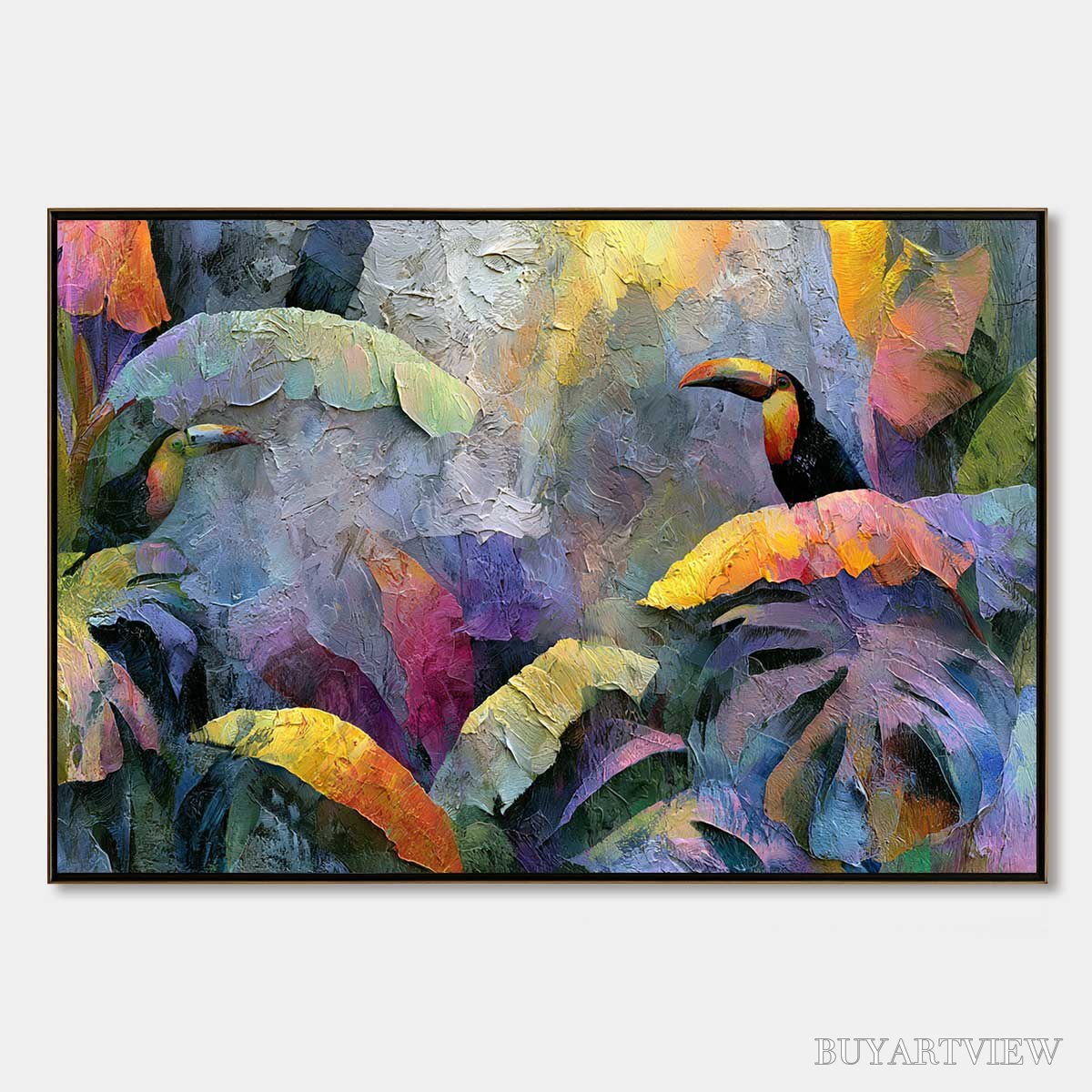 BUYARTVIEW Jungle Sanctuary – Heavily Textured Impasto Toucan & Tropical Leaf Painting - image 1