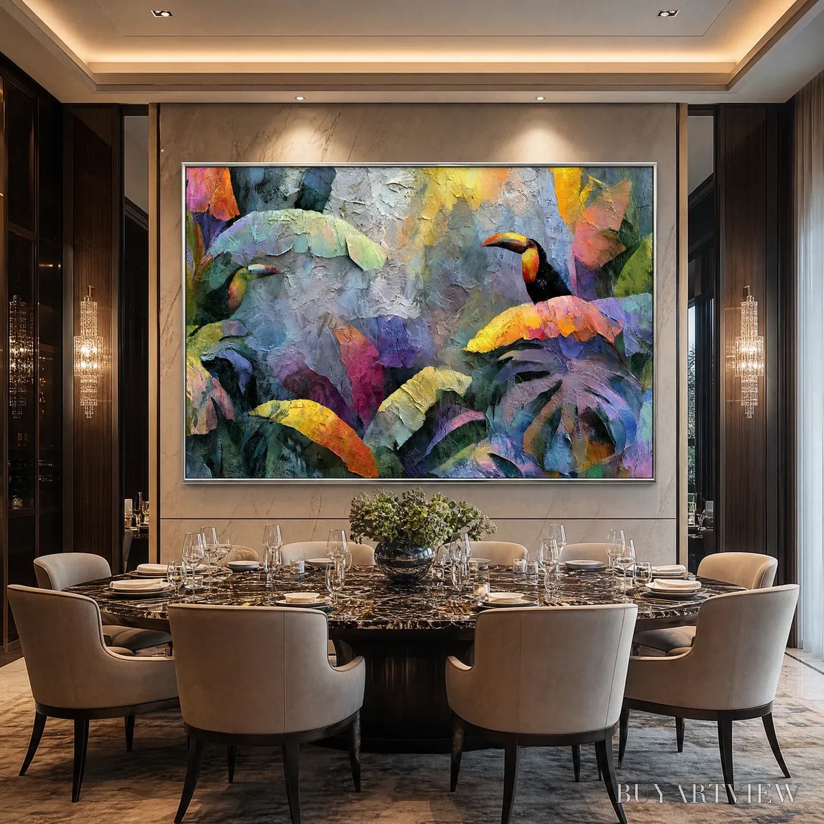 BUYARTVIEW Jungle Sanctuary – Heavily Textured Impasto Toucan & Tropical Leaf Painting - image 2