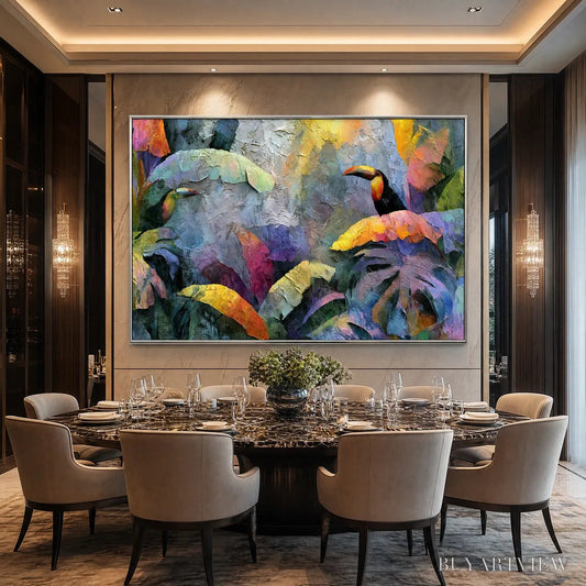 BUYARTVIEW Jungle Sanctuary – Heavily Textured Impasto Toucan & Tropical Leaf Painting - image 2