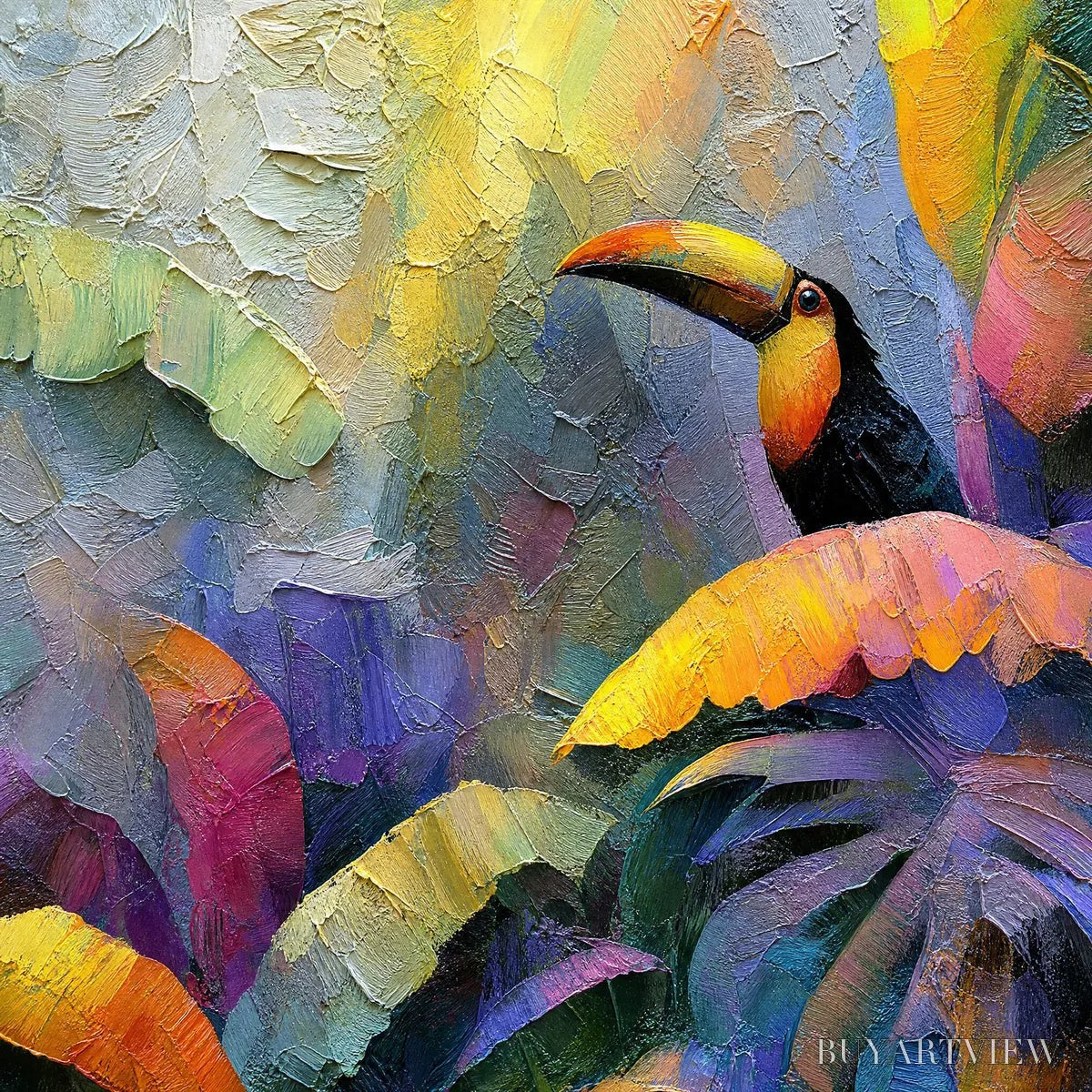 BUYARTVIEW Jungle Sanctuary – Heavily Textured Impasto Toucan & Tropical Leaf Painting - image 3