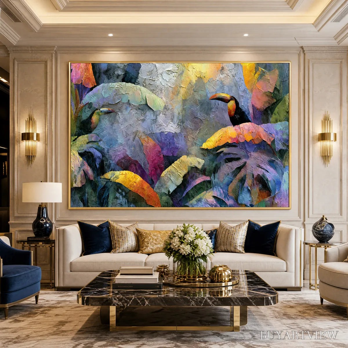 BUYARTVIEW Jungle Sanctuary – Heavily Textured Impasto Toucan & Tropical Leaf Painting - image 4