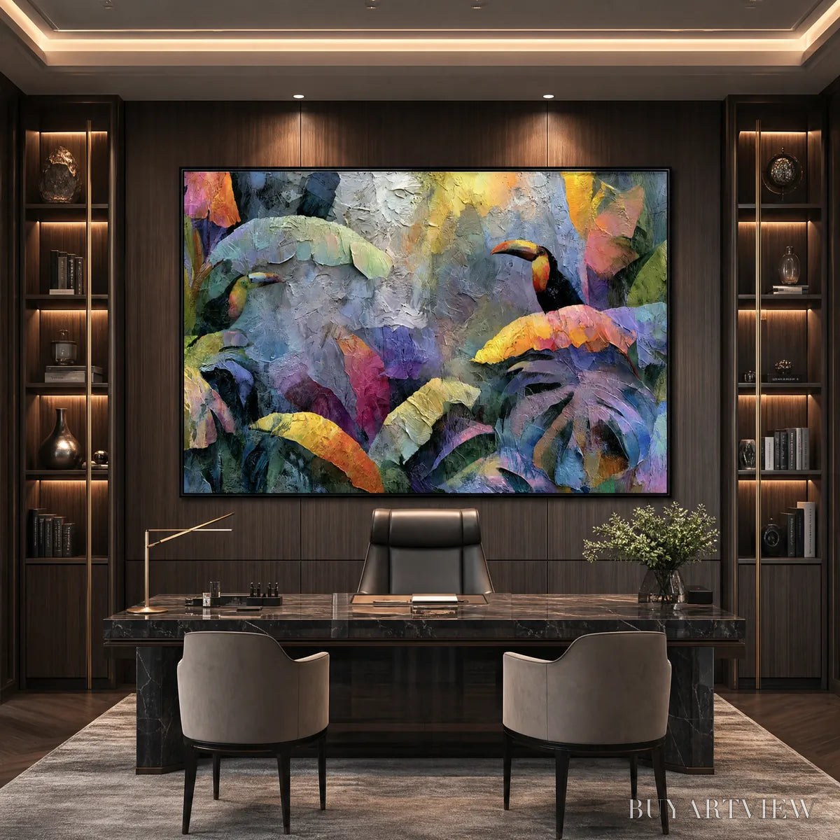 BUYARTVIEW Jungle Sanctuary – Heavily Textured Impasto Toucan & Tropical Leaf Painting - image 5