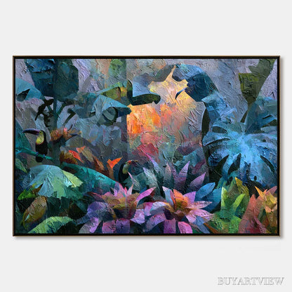 BUYARTVIEW Emerald Hideaway – Vibrant Impasto Jungle Scene with Toucans - image 1