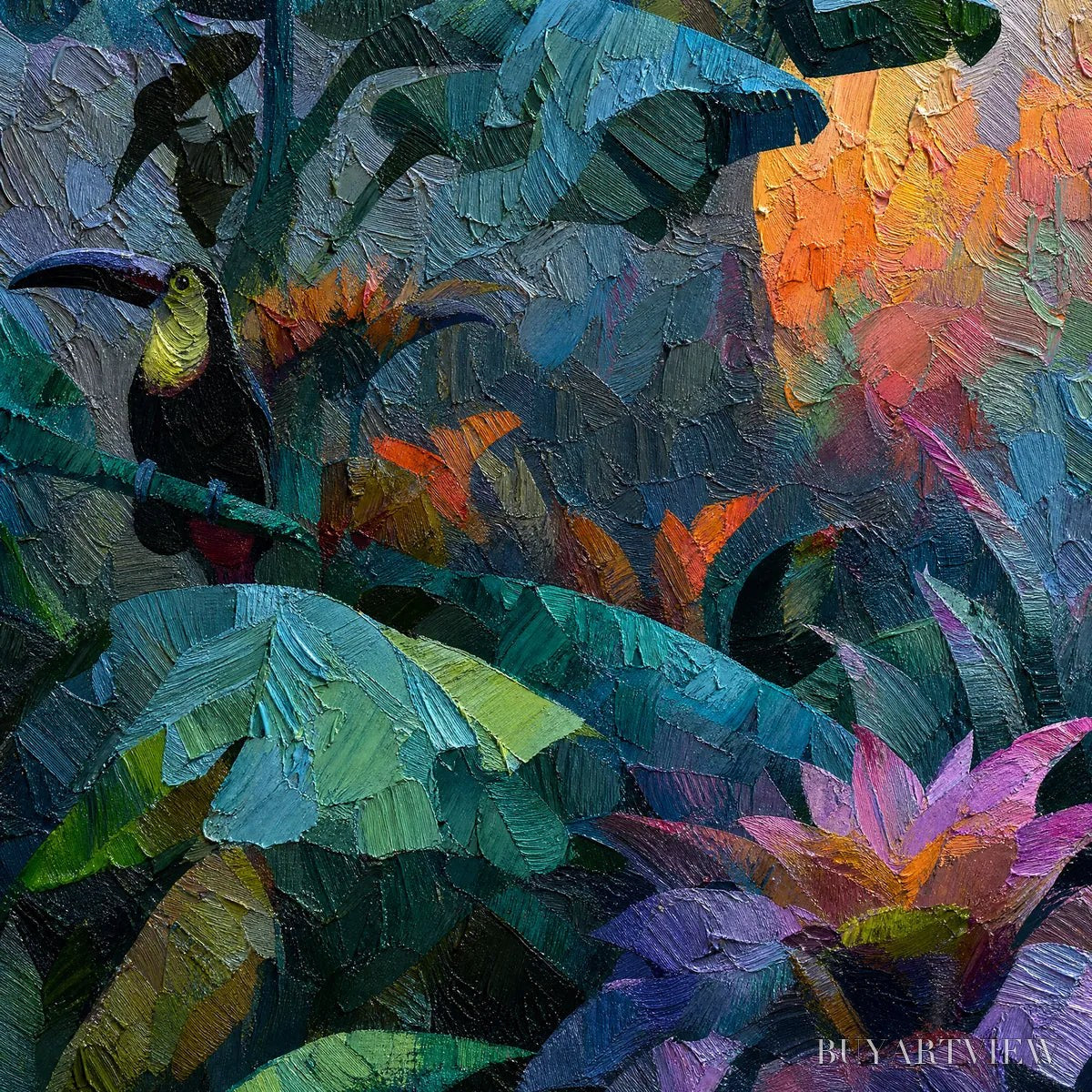 BUYARTVIEW Emerald Hideaway – Vibrant Impasto Jungle Scene with Toucans - image 3