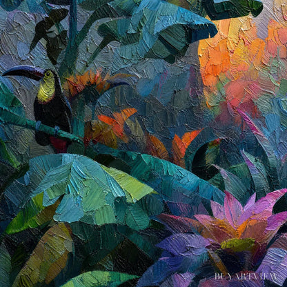 BUYARTVIEW Emerald Hideaway – Vibrant Impasto Jungle Scene with Toucans - image 3