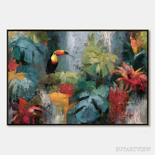 BUYARTVIEW Rainforest Rhythm – Vibrant Textured Toucan & Jungle Painting - image 1