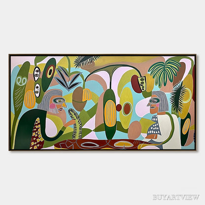 BUYARTVIEW the Conversationalists – Large Horizontal Boho Abstract Figurative Painting - image 1