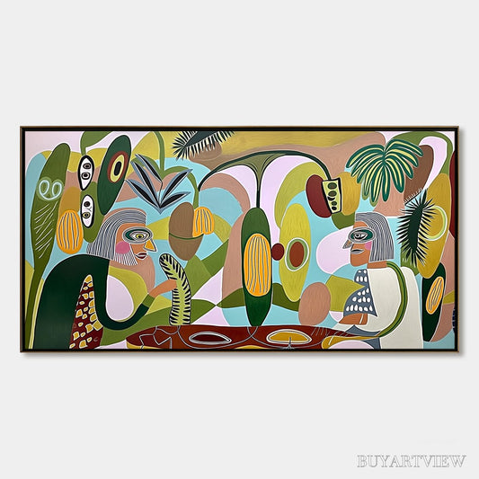 BUYARTVIEW the Conversationalists – Large Horizontal Boho Abstract Figurative Painting - image 1