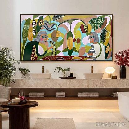 BUYARTVIEW the Conversationalists – Large Horizontal Boho Abstract Figurative Painting - image 2