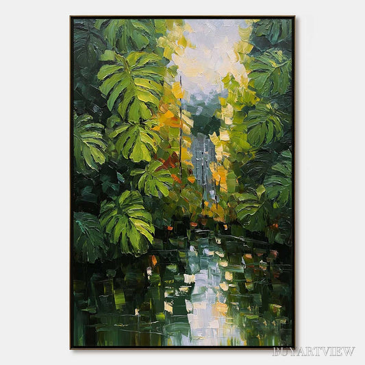 BUYARTVIEW Verdant Sanctuary – Textured Palette Knife Painting of a Lush Jungle Oasis - image 1