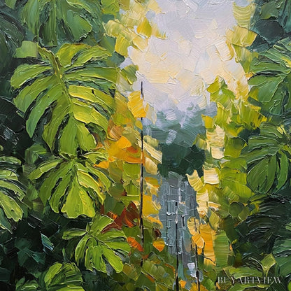 BUYARTVIEW Verdant Sanctuary – Textured Palette Knife Painting of a Lush Jungle Oasis - image 3