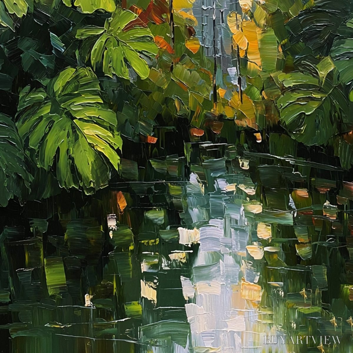 BUYARTVIEW Verdant Sanctuary – Textured Palette Knife Painting of a Lush Jungle Oasis - image 5