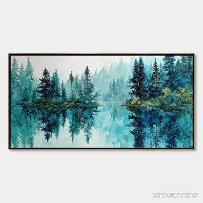 BUYARTVIEW Azure Sanctuary – Horizontal Forest Lake Reflection Landscape Painting - image 1