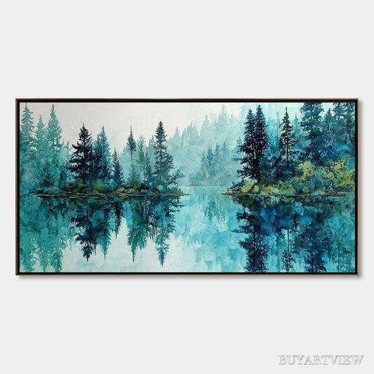 BUYARTVIEW Azure Sanctuary – Horizontal Forest Lake Reflection Landscape Painting - image 1