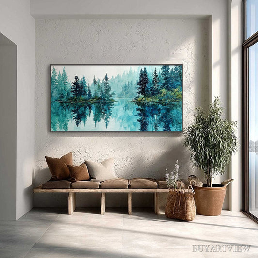 BUYARTVIEW Azure Sanctuary – Horizontal Forest Lake Reflection Landscape Painting - image 2