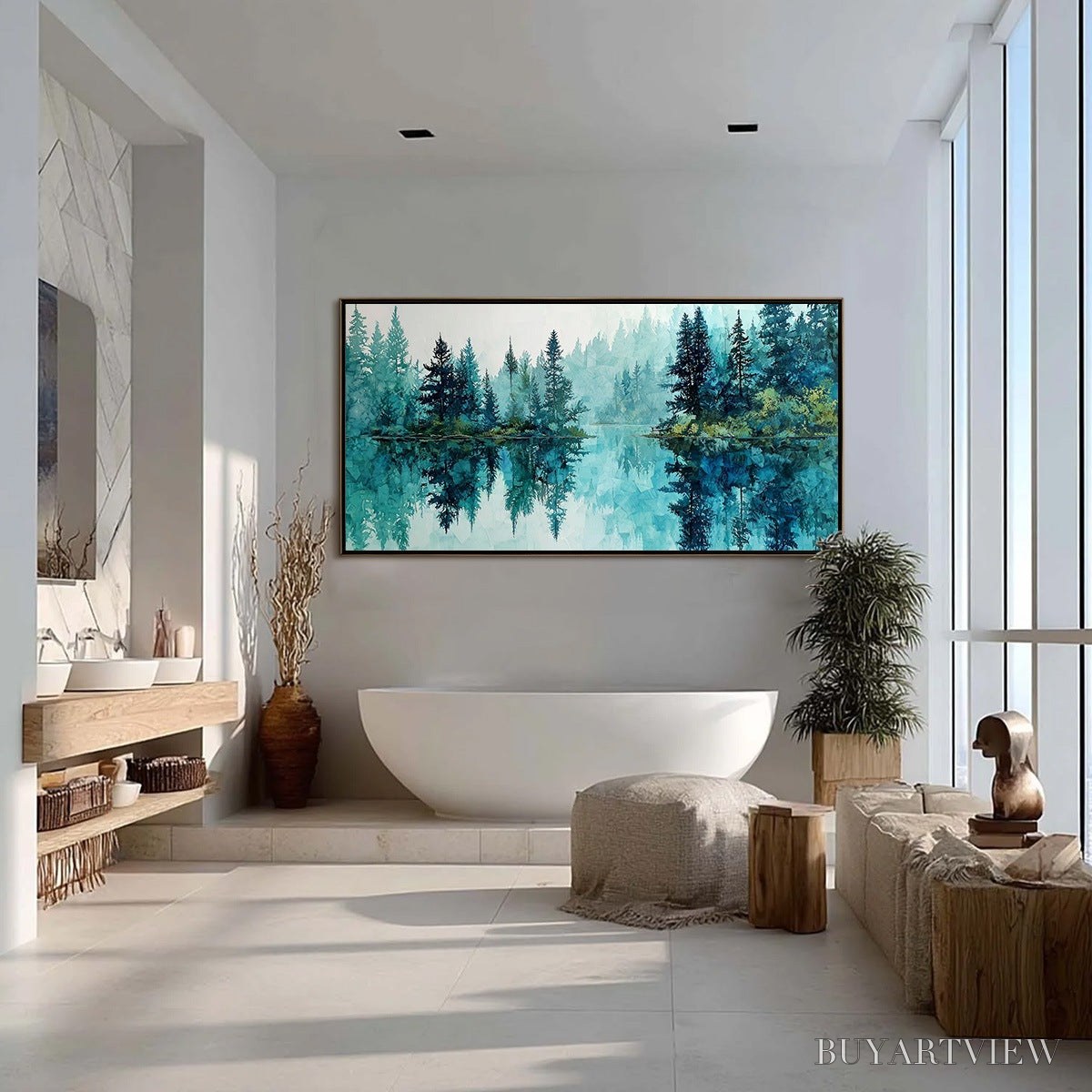 BUYARTVIEW Azure Sanctuary – Horizontal Forest Lake Reflection Landscape Painting - image 4