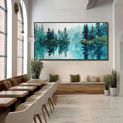 BUYARTVIEW Azure Sanctuary – Horizontal Forest Lake Reflection Landscape Painting - image 6
