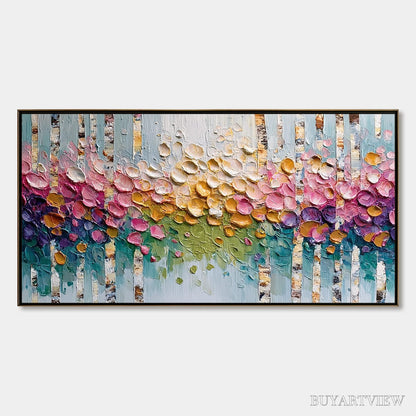 BUYARTVIEW Blossoming Birch – Colorful Impasto Birch Tree Forest Palette Knife Painting - image 1