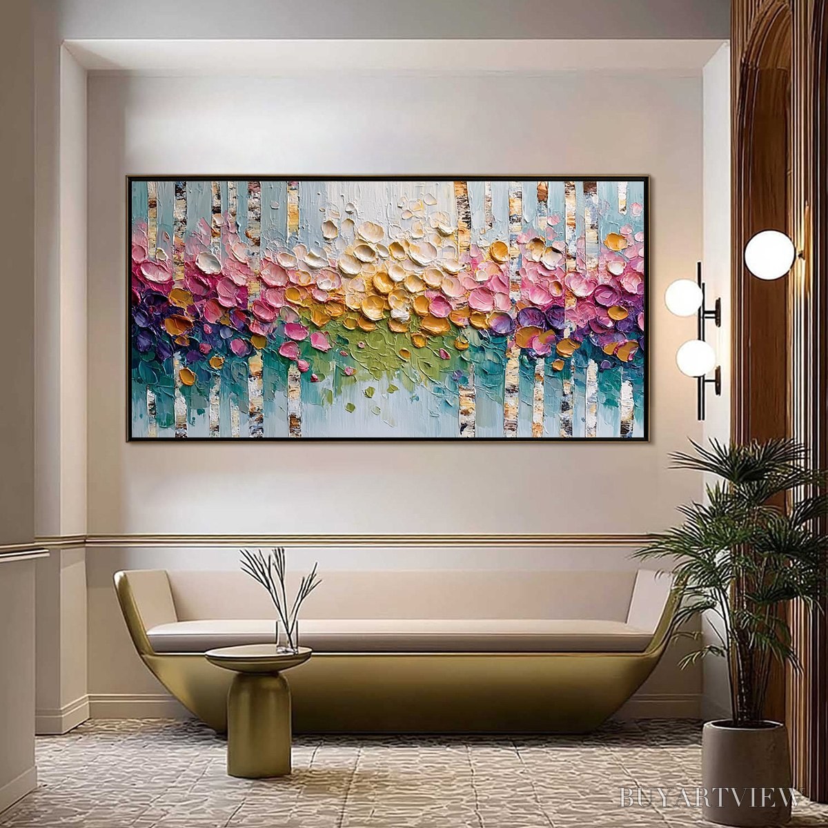 BUYARTVIEW Blossoming Birch – Colorful Impasto Birch Tree Forest Palette Knife Painting - image 2