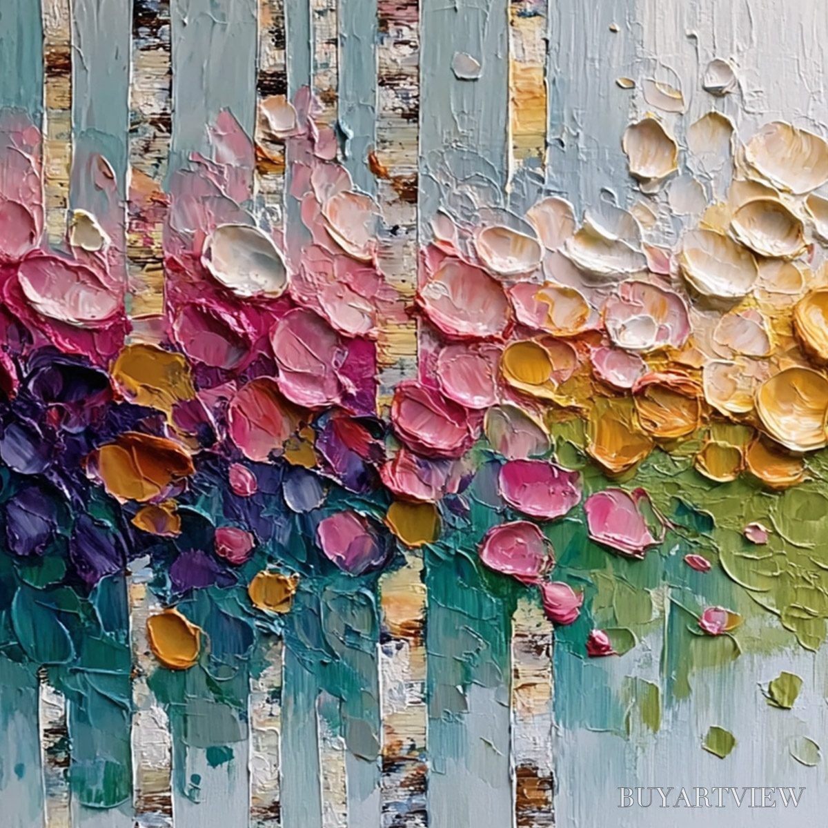 BUYARTVIEW Blossoming Birch – Colorful Impasto Birch Tree Forest Palette Knife Painting - image 3