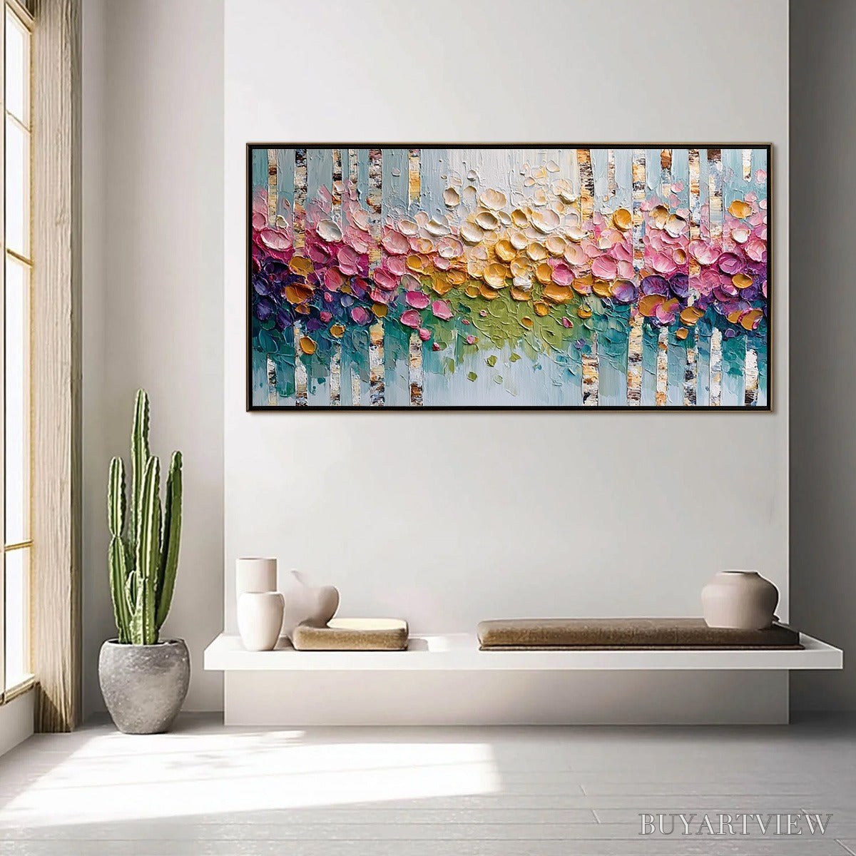 BUYARTVIEW Blossoming Birch – Colorful Impasto Birch Tree Forest Palette Knife Painting - image 4