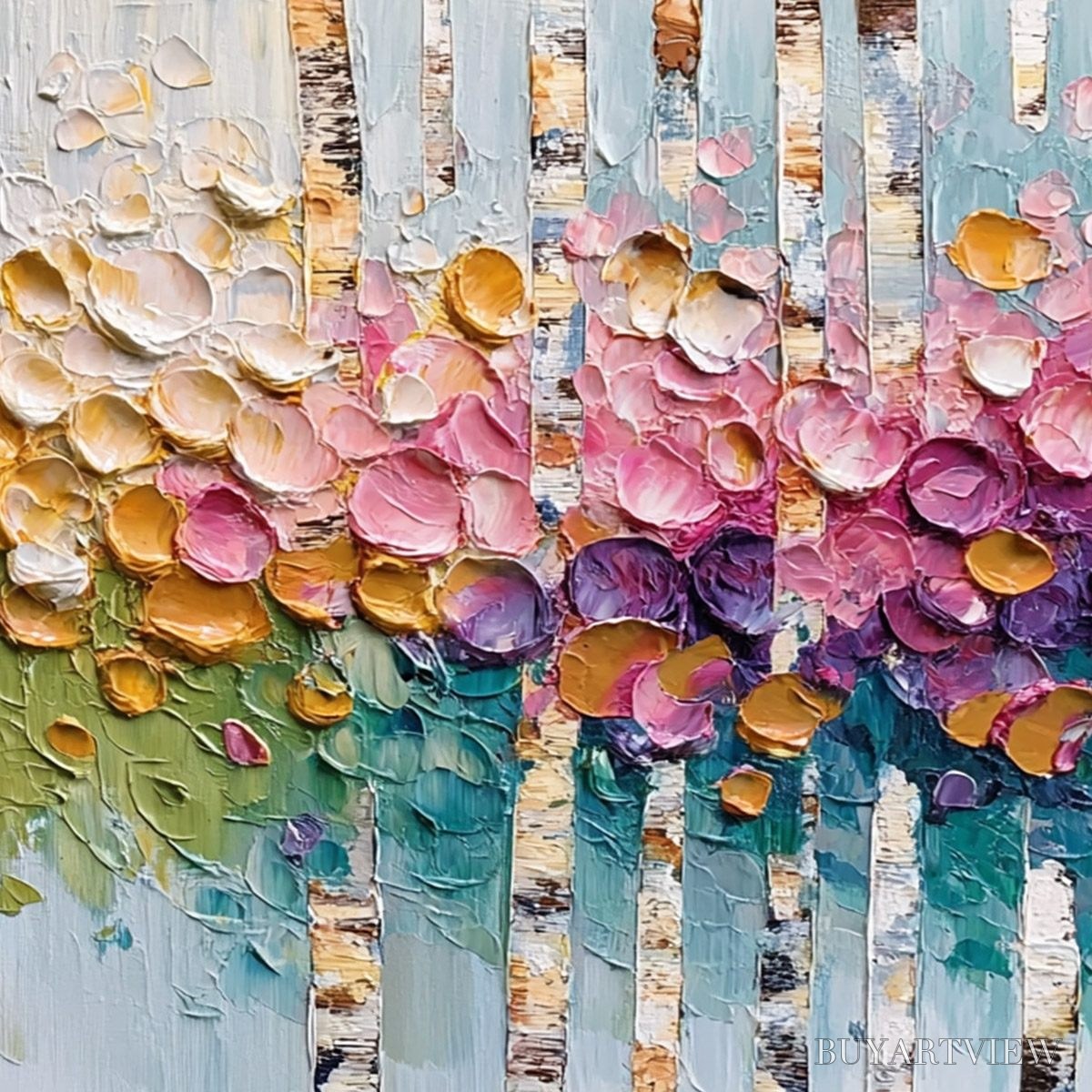 BUYARTVIEW Blossoming Birch – Colorful Impasto Birch Tree Forest Palette Knife Painting - image 5