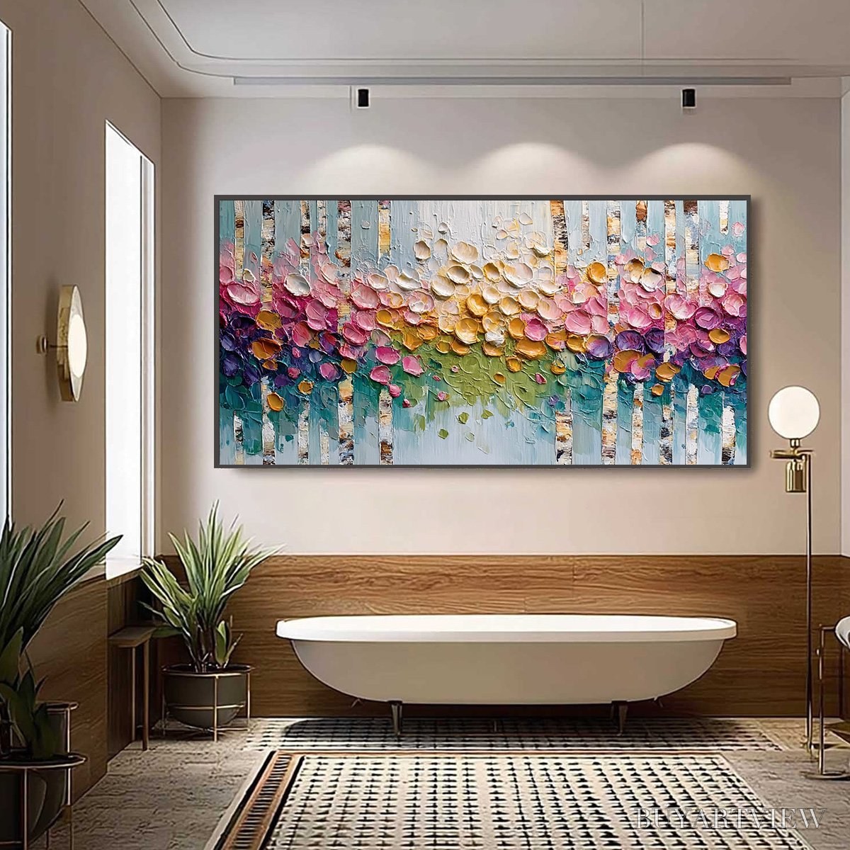 BUYARTVIEW Blossoming Birch – Colorful Impasto Birch Tree Forest Palette Knife Painting - image 6